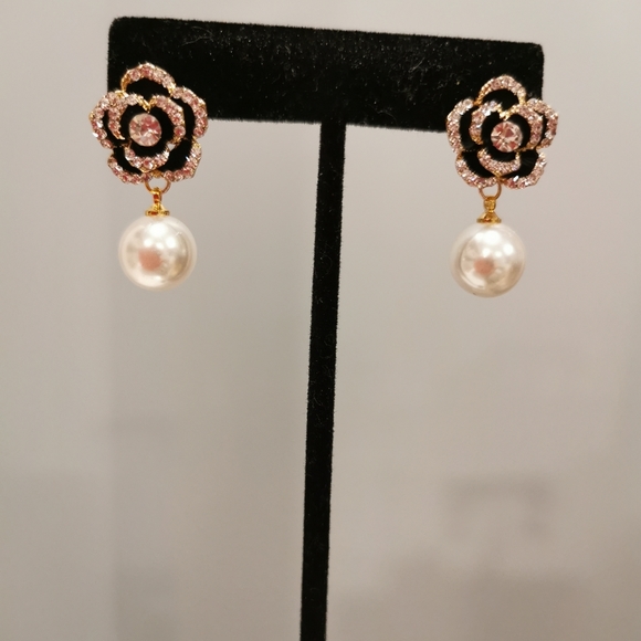 Earrings Camellia flower, dangle earrings Swarovski pearls, designer earrings,ce - Picture 7 of 8